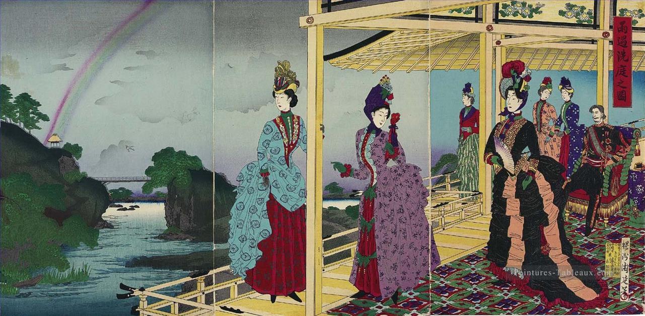 illustration du jardin rafraîchi après la pluie 1888 Toyohara Chikanobu Bijin okubi e Peintures à l'huile
